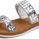 ONCAI Women's Slide Sandals Trendy Square Summer Flat Dressy Sandals for Women 2025 Cross Strappy Open Split-Toe Ring with Slip-on Rubber Soles, Silver Khaki（run Small,size Up）