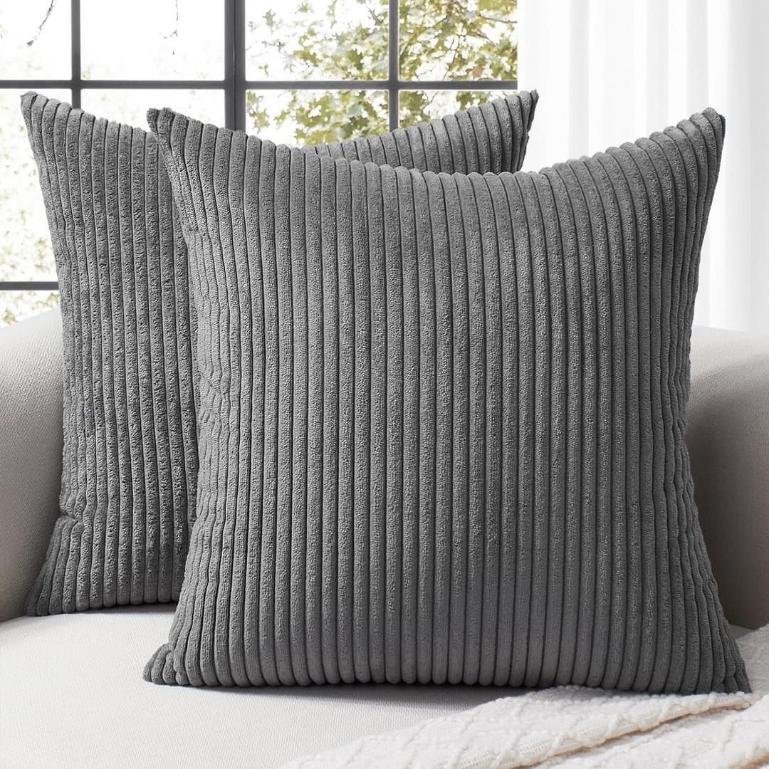 Softalker Decorative Throw Pillow Covers 16x16, Set of 2 Soft Corduroy Striped Boho Solid Pillow Cover, Modern Farmhouse Home Decor House Warming Gifts for Couch Sofa Bed Living Room, Dark Grey