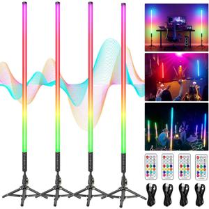 4 Pack RGB DJ Tube Lights 4ft LED Video Stick Lights with Stand 5000mAh Battery Powered Color Neon Light Bar for Parties Dance 360 Photo Booth Studio Photography Wedding Stage Lighting