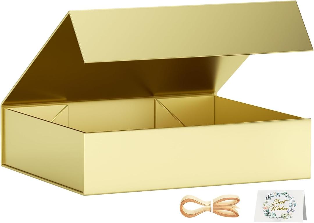 PSHVYM Gift Boxes with Lids, 11.5x7.8x3 In Gold Gift Box for Presents Magnetic Closure for T-Shirts, Gloves, Scarves, Books, Baby Clothes, Robes Clothing Gift Wrap, Contains Card, Ribbon