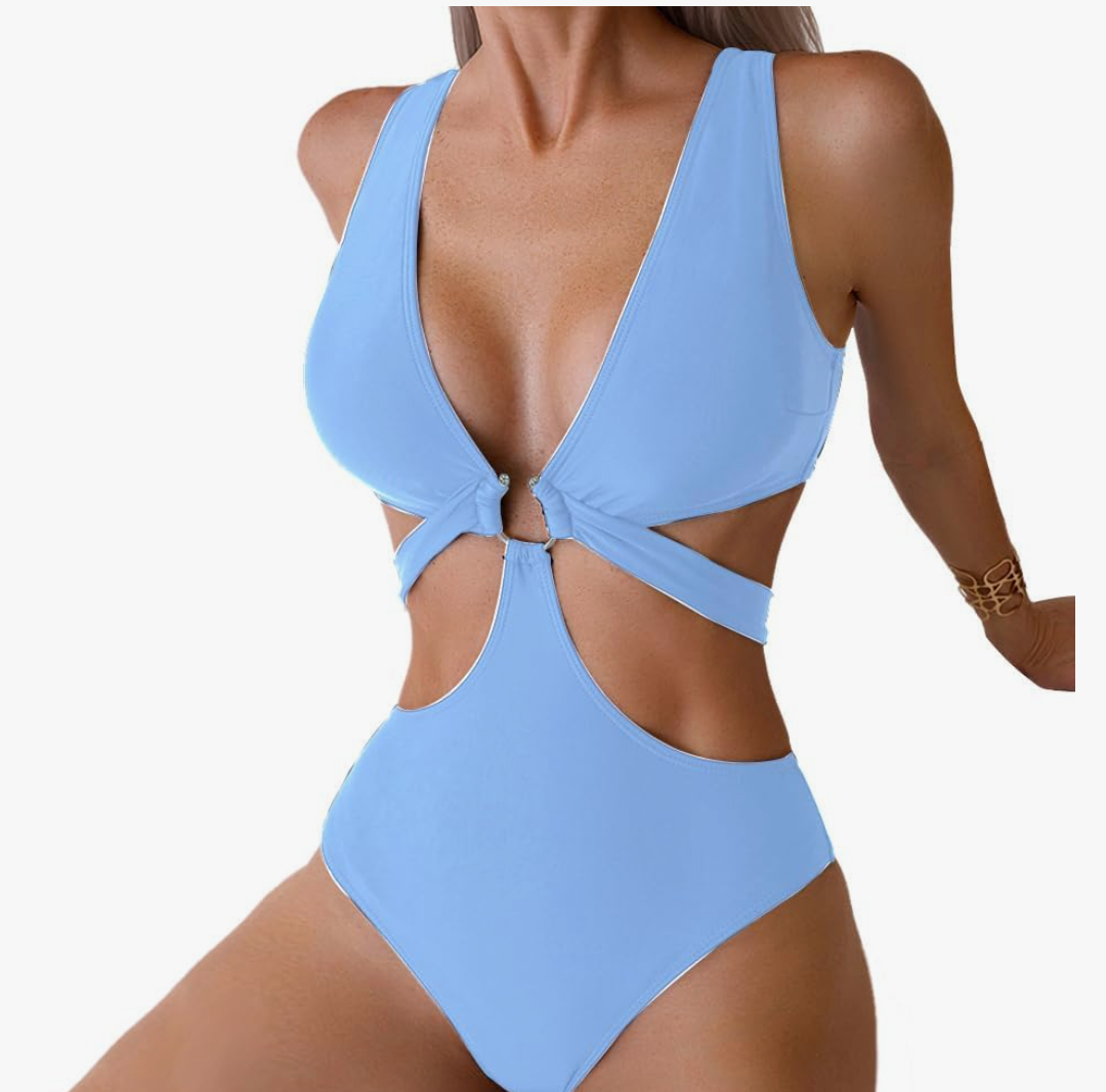 Women's Deep V Neck One Piece Swimsuit O-Ring Swimwear Sexy Cut Out Bathing Suit, Size M