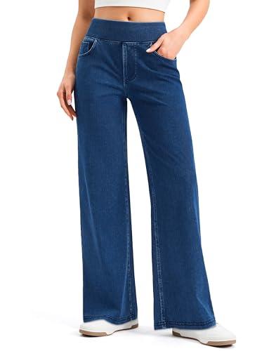Rammus Wide Leg Jeans Woman High Waisted Pull On Jeans for Women Baggy Straight Leg Jean Stretchy Tummy Control Pants Large