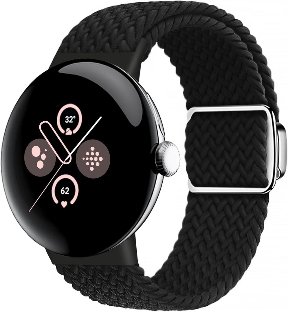 Braided Magnetic Band Compatible with Google Pixel Watch 1/2/3/4 41mm 45mm, [Upgraded Magnets do not fall off] Adjustable Stretchy Nylon Strap for Pixel Watch Wristbands Women Men (Black)