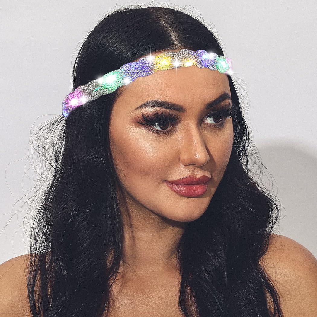 ACEDRE Light Up Rhinestone Headband LED Rave Headpiece Glow Silver Crystal for Women (Sliver)