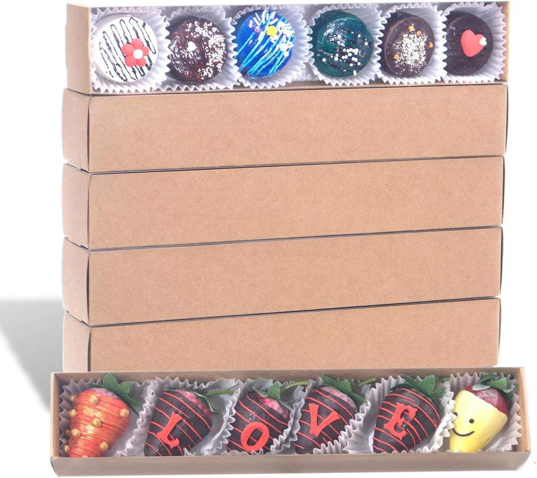 15Pack 12x2.2x2 Inches Chocolate Covered Strawberry Boxes for 6, Bakery Boxes for Macaron, Truffle, Cocoa Bombs, Cookies, Chocolate Covered Oreos, Mini Cupcakes, Cake Balls &Party Favorite (Brown)