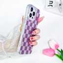 Compatible with iPhone 16 Pro Case Shiny Silver Checkerboard Checkered Pattern, Cute Trendy Soft Slim TPU Shockproof Protective Designed for Women Girls Aesthetic Glitter (Purple)