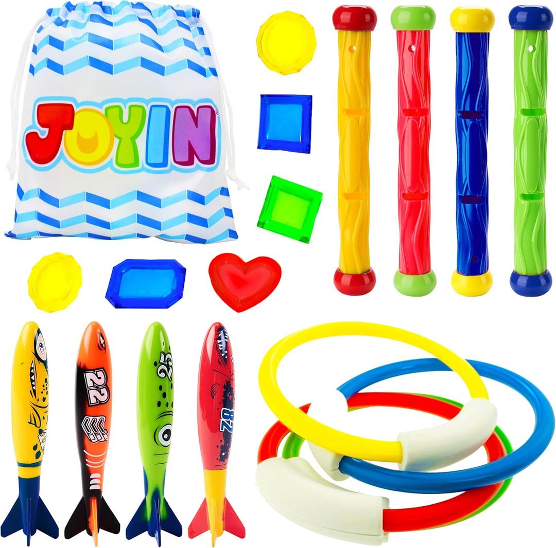 JOYIN 18Pcs Diving Pool Toys for Kids, Swimming Pool Toy with Storage Bag Includes 4 Pool Rings, 4 Diving Sticks, 4 Bandits, 6 Treasures Underwater Swim Pool Games for Ages 8-12