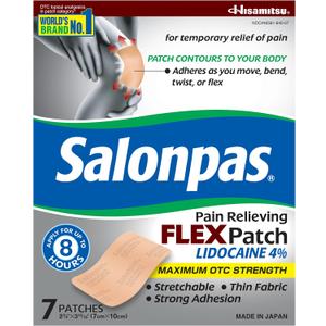Salonpas Maximum OTC Strength Lidocaine 4% Pain Relieving Flex Patch, Apply for Up to 8 Hours, Unscented, Thin, Flexible, Lightweight, Patch Stays in Place, 7 Patches