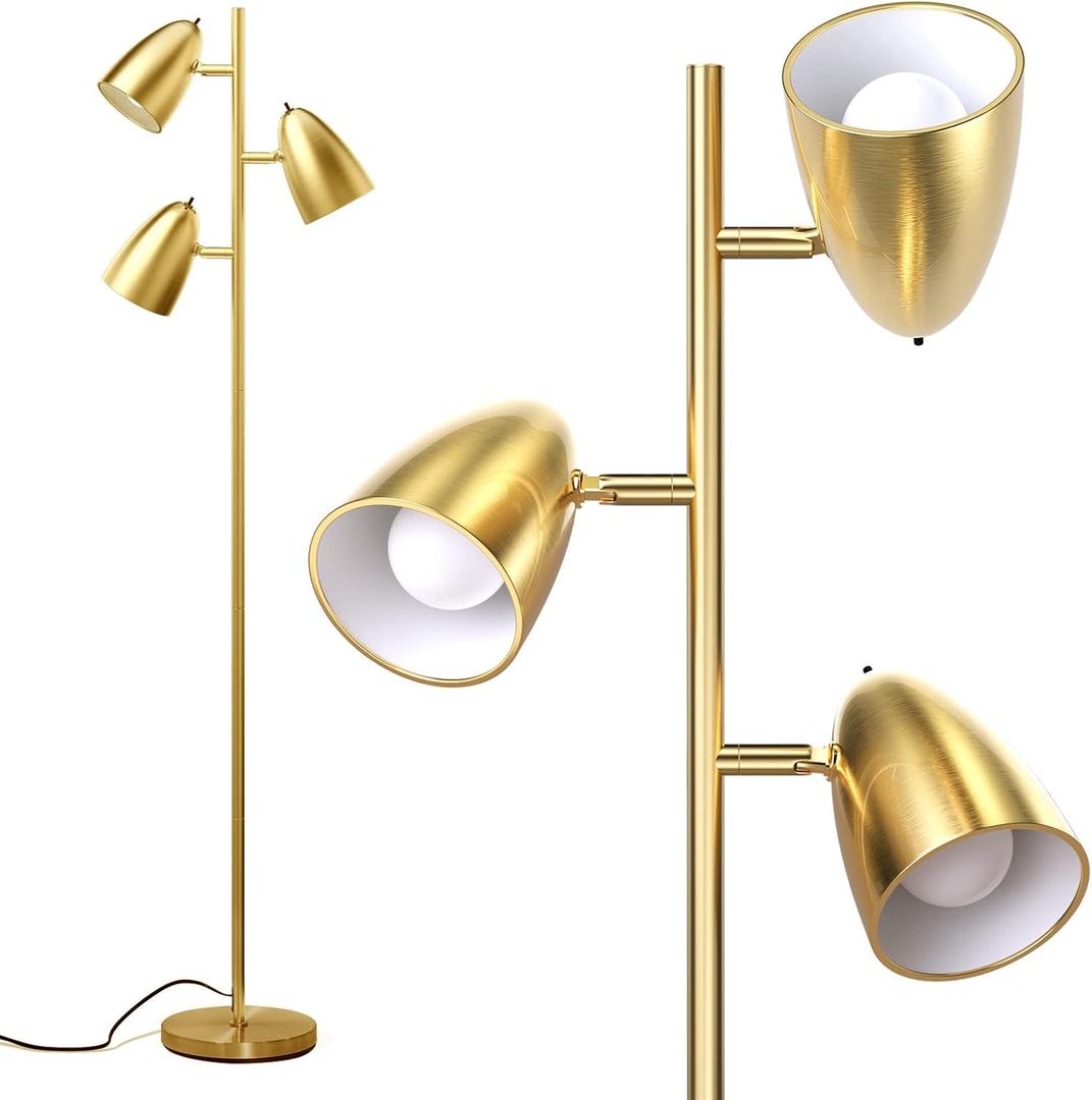 addlon Tree Floor Lamp with 3 Adjustable Rotating Lights and Matching LED Bulbs, Standing Tall Pole Lamps for Living Room, Bedroom, Home, Office - Brass Gold