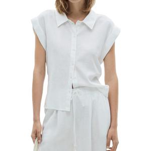 SUNNOW Women's Classic Button Down Shirt Cap Sleeve Top with Shirt Collar Straight Fit Casual Blouse for Work & Everyday Wear, Medium