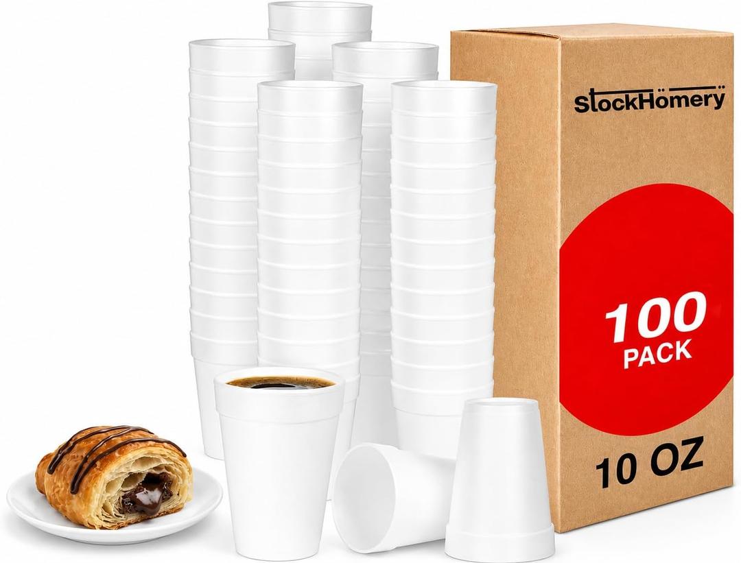 10 Oz Foam Cups Lightweight Insulated Foam Cups for Coffee, Cold Drinks, Other Hot Beverages - Disposable Drinking Cups for Parties, Picnic, BBQ, Travel, Events (100 Pack)