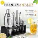 Mixology Bartender Kit with Stand - 15 Piece Bar Tool Set, Silver Bar Set Cocktail Shaker Set for Drink Mixing - Includes Martini Shaker, Jigger, Strainer, Bar Mixer Spoon, Tongs, Opener | Gift Idea, Silver/Black