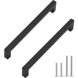 Cabinet Pulls Matte Black Cabinet Handles Square Drawer Pulls, 2 Pack 8-4/5 Inch Stainless Steel Kitchen Door Cupboard Cabinet Handles, Drawer Hardware Handles, 224mm Hole Centers