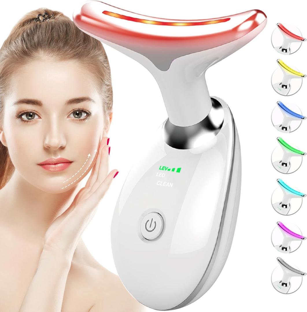 SDKWDH Red Light Therapy for Face and Neck, 7 Color Face Massager Tool for Wrinkles, Double Chin, Vibrating Facial Massager with Thermals for Skin Care, Gifts for Women Men, Glossy White