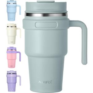 ALOUFEA 20 oz Insulated Coffee Mug Tumbler with Handle, Stainless Steel Travel Mug Tumbler with Lid and Straw,Double Wall Vacuum Leak Proof Ice Coffee Thermal Cup,Sage