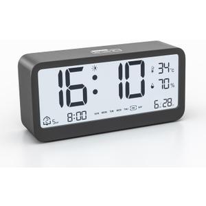 Digital Alarm Clock Battery Powered with Date | Indoor Temperature | Humidity | LCD Display | Dual Alarms | Snooze and Backlight Desk Small Clock (Black)