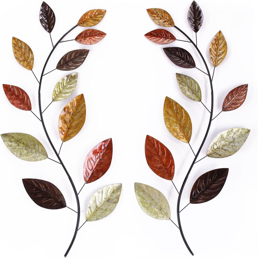 Asense Set of 2 Metal Tree Leaf Wall Hanging Art Decor, 38 Inch Iron Olive Branch Leaf Home Sculptures for Bedroom Living Room Hotel Office