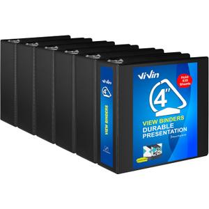ViVin Durable 4 inch D Ring View Binder, Large 4" Slant-D Ring with 835-Sheet Capacity, Fit 8.5" x 11" Paper, 6 Pack(Black)