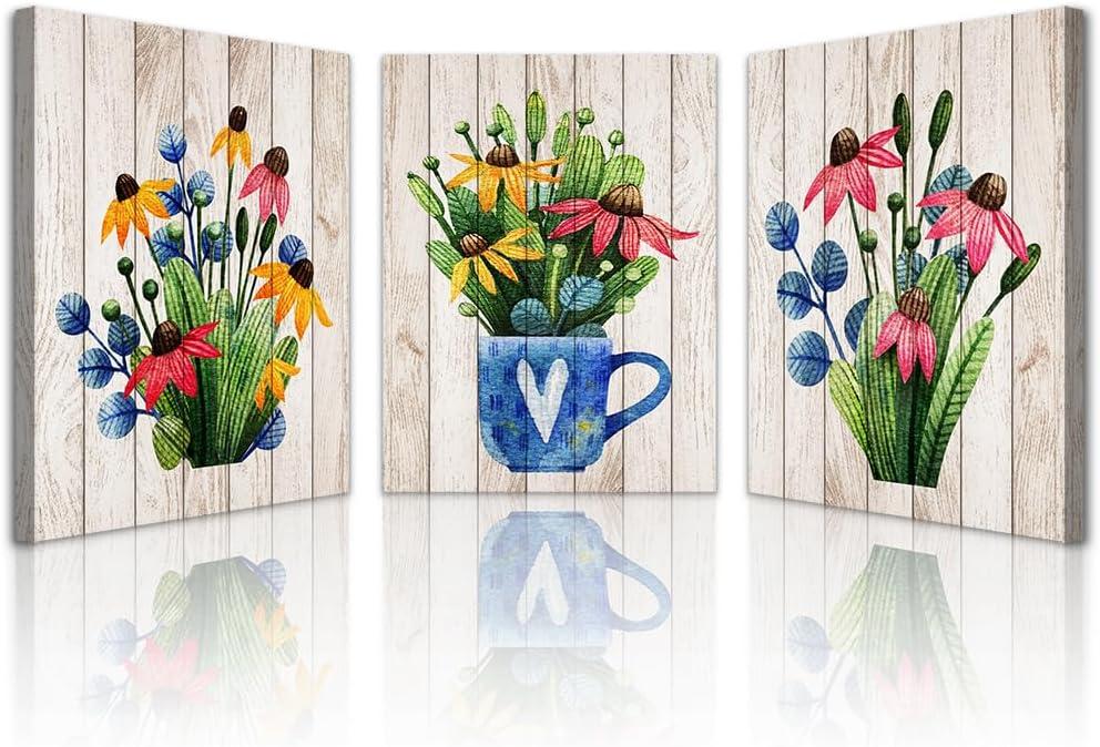 Lapremoly Vintage Wood Grain Flowers Wall Art for Kitchen Wall Decor for Living Room Bedroom Decorations Room Wall Decor 3 Pieces Framed Canvas print Artwork Modern Office Home Decor Paintings