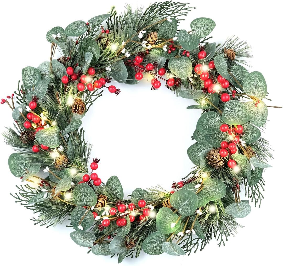 DN DECONATION 20 Inch Lighted Chirstmas Wreaths for Front Door, Artificial Winter Wreath with Lights, Eucalyptus Berry Wreath with Pine Cones for Indoor Outdoor Xmas Wreaths Home Decor