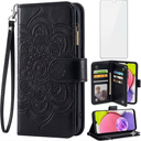 Asuwish Phone Case for Samsung Galaxy A03s US Version 5G 2022 Wallet Cover and Tempered Glass Screen Protector Leather Flip Credit Card Holder Stand Cell Ao3s A 03s SM-A037U SM A037U Women Men Black