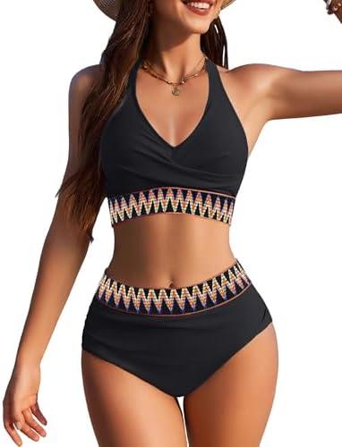 AI'MAGE Women High Waisted Bikini Sets Tummy Control Swimsuits Two Piece Swim Suits 2025 Color Block Halter Bathing Suits Small
