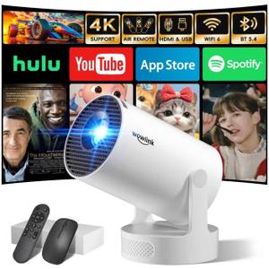 [Built-in Apps & 2025 Upgraded] Mini Projector with WiFi 6 and Bluetooth 5.4 Support 4K 1080P Auto Keystone 180 Rotatable Projector Portable Compatible with HDMI/TV Stick/Memory Stick/Laptop, White