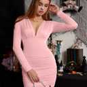 GOBLES Women's Sexy Long Sleeve V Neck Ruched Bodycon Mini Party Cocktail Dress (Pink, S)