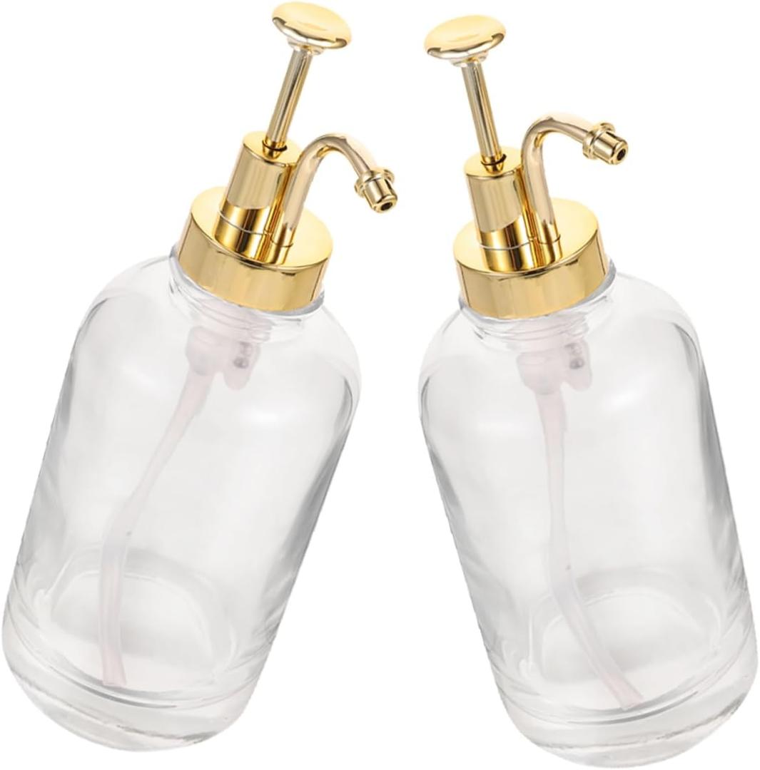 2 Pack Syrup Dispenser Bottles Glass Honey Sauce Pump Bar Kitchen Accessory Leakproof Sturdy, (Golden)
