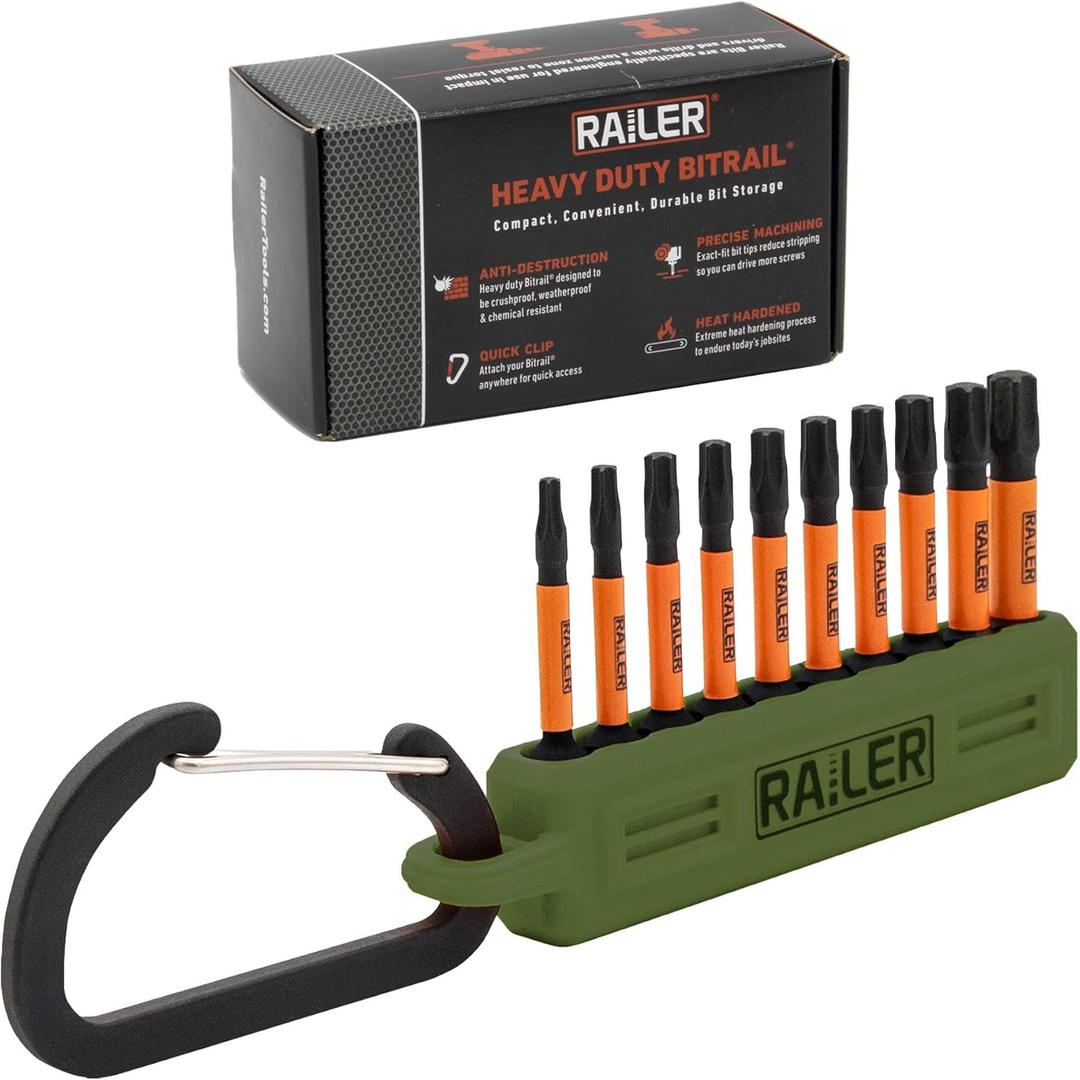 Railer Torx Bit Set - Premium S2 Steel 2 Inch Impact Driver 10-Piece 6 Star Bit Set With A Tool Storage Bit Holder & Carabiner (Camo Green Bitrail, Standard Bitrail)