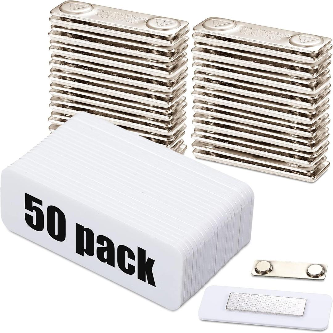 Henoyso 50 Sets 1 x 3 Inch Magnetic Name Tags Blank Magnetic Badge Holder Bulk Acrylic DIY Badges with Adhesive Tape Custom White Printable for Jacket Shirts Supplies