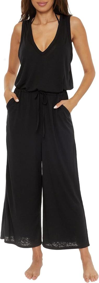 BECCA women's Beach Date Jumpsuit, Casual, Sleeveless With Pockets, Beach Cover Ups for Women (Medium, Black)