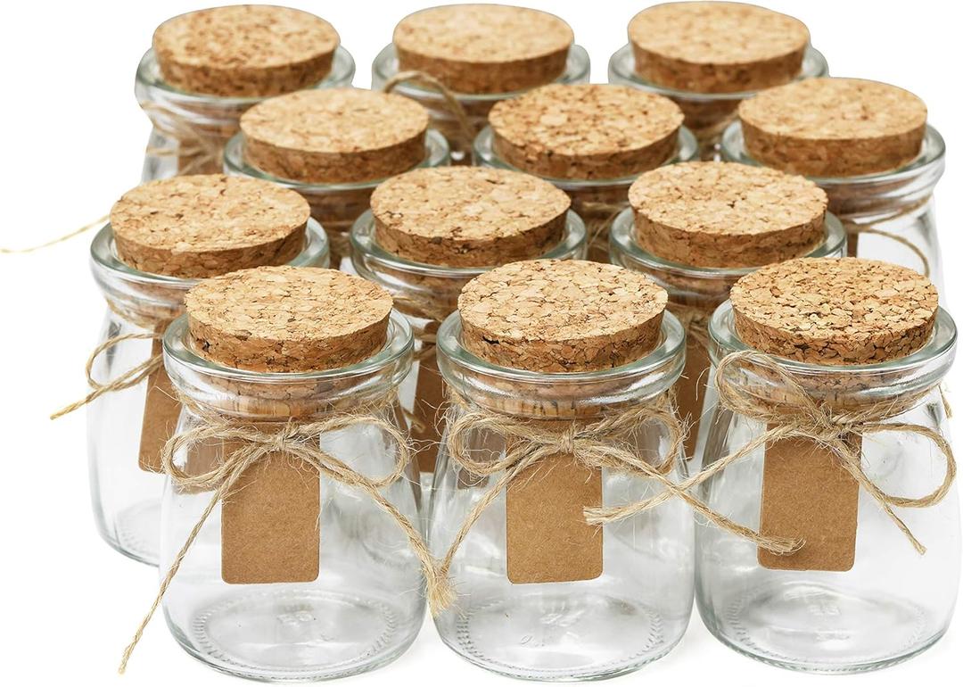 Otis Small Glass Bottles - Mini Jars w/Cork Stoppers - Round 100ml Mason Jars for Crafts, Candle Holders & Potion Bottles  12 Pack
