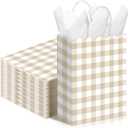 Kolldenn 24 Pcs Gingham Party Supplies Beige and White Gift Bags 8.27 x 6.3 x 3.15 Inch Kraft Paper Checkered Plaid Candy Goodie Party Favors Bags for Easter Picnic BBQ Birthday Baby Shower Wedding