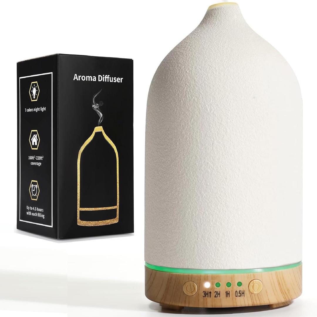 BOXING Essential Oil Diffuser, 3 in 1 Aromatherapy Diffusers for Home Large Room, 7 Colors of Night Light and Quiet for Bedroom, Fragrant Scent & Ceramic Gift Idea, Timer, Auto Shut-Off, 100ML, White (Brown)