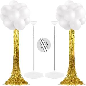 Gejoy 2 Sets White Balloon Column Stand Kit with 50 Balloons 2 Adjustable Tower Stand with Bases 2 Gold Foil Fringe Backdrop Curtains for 2026 Graduation Birthday Party Decor