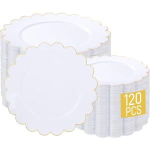 LIYH 120 Pcs White Plastic Scalloped Plates - Gold Fancy Disposable Plastic Plates Includes 60 Dinner 10.25" & 60 Dessert Plate 7.5" Elegant Gold Rim for Party Birthday Day