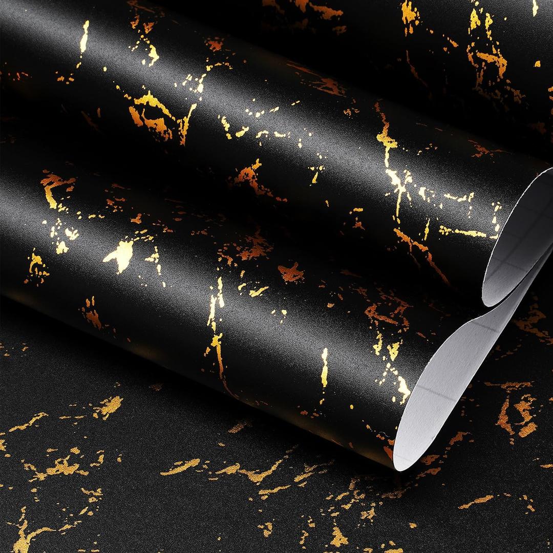 FunStick Thick Black and Gold Marble Contact Paper for Countertops Waterproof Contact Paper for Cabinets Marble Wallpaper Peel and Stick Countertops for Kitchen Bathroom Removable Wall Paper 12"x200"
