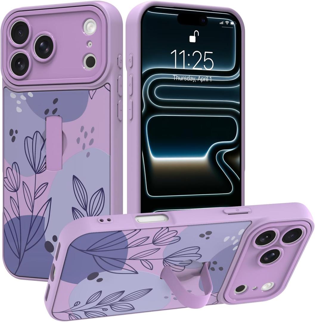Compatible with iPhone 17 Pro Max Case with Finger Strap, Floral Flower Shockproof Soft TPU Protective Cover for Women Girls, Slim Anti Scratch Case for iPhone 17 Pro Max 6.9 Inch, Purple