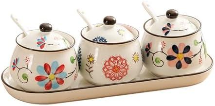 YMYL Set of 2 Ceramic Condiment Jars with Lid Spoon and Tray, Modern Elegant Spice Container Sugar Bowl Seasoning Jars for Home and Kitchen Counter (Red)