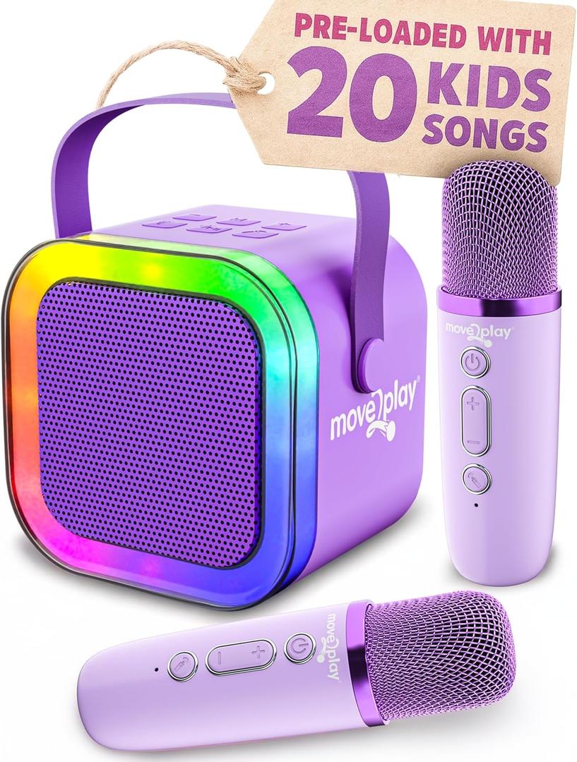 Move2Play, Mini Karaoke Machine for Kids | Built-in 20+ Songs | Bluetooth Speaker with Microphones | Voice Effects | Toddler Music Toy | Christmas Stocking Stuffer | Girls & Boys Age 2, 3, 4, 5, 6+ (Punk Purple)