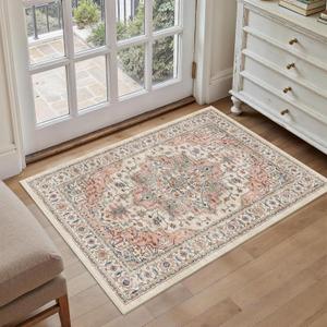 Area Rug 2x3 Entryway Rug Soft Washable Doormat Non Slip Low Pile Lightweight Carpets Indoor Faux Wool Small Rug for Entrance, Kitchen, Bedroom, Living Room (Beige/Pink)