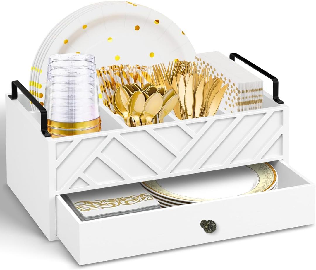 Paper Plate Holders With Drawer.Paper Plate Dispenser Organizer For Utensil Holder For Party.Wood Silverware Utensil Caddy For Kitchen Counter With Handle. Rustic Hosting Essentials For Flatware (White-carved)