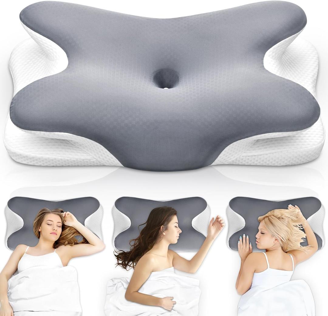 Cervical Pillow for Neck Pain Relief, Hollow Design Odorless Memory Foam Pillows with Cooling Case, Adjustable Orthopedic Bed Pillow for Sleeping, Support for Side Back Sleepers (Gray)