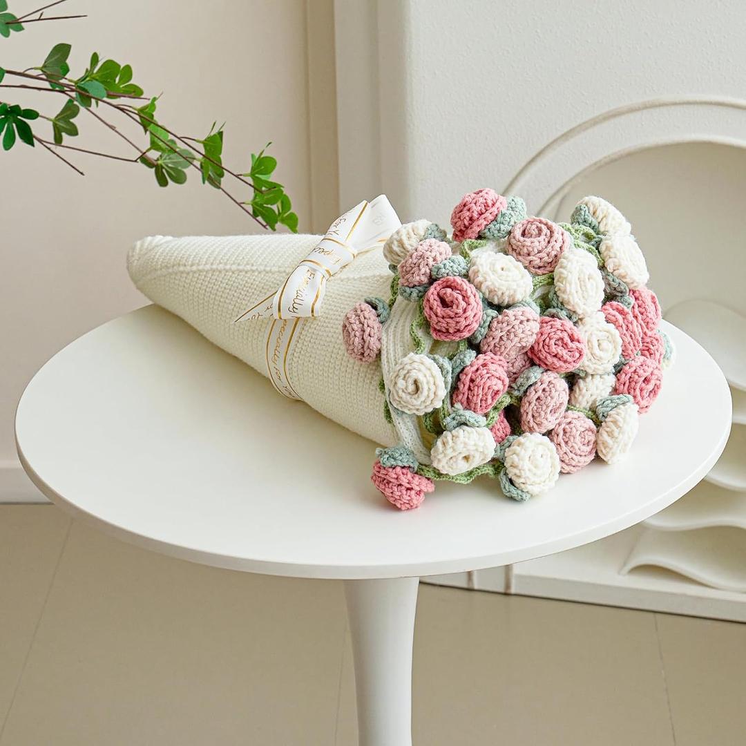 Crochet Flower Bouquet Throw Blanket, Handmade Knitted Blanket with Rose Flowers, Cute Romantic Gift for Her Girlfriend Mom Mothers Day Valentine Wedding Anniversary Birthday (Without Packaging Bag)