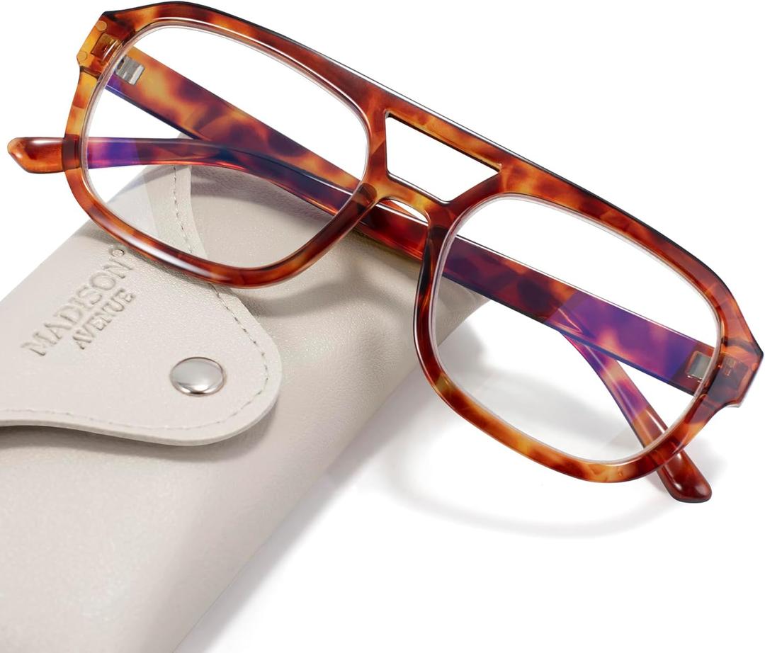 Madison Avenue Retro Aviator Blue Light Blocking Glasses for Women Men with Case, Trendy Rectangle Computer Eyeglasses (Orange Demi)