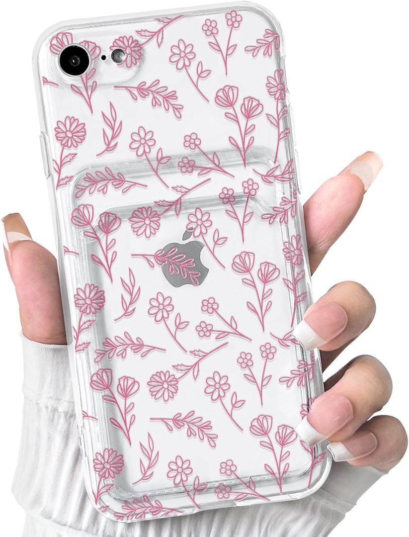 NITITOP Compatible with iPhone 7/8 / SE Case Clear with Card Holder Cute Flower Floral Leave Pattern for Women Girl Soft TPU Shock-Absorbing Wallet Case Protective Phone Cover - Pink