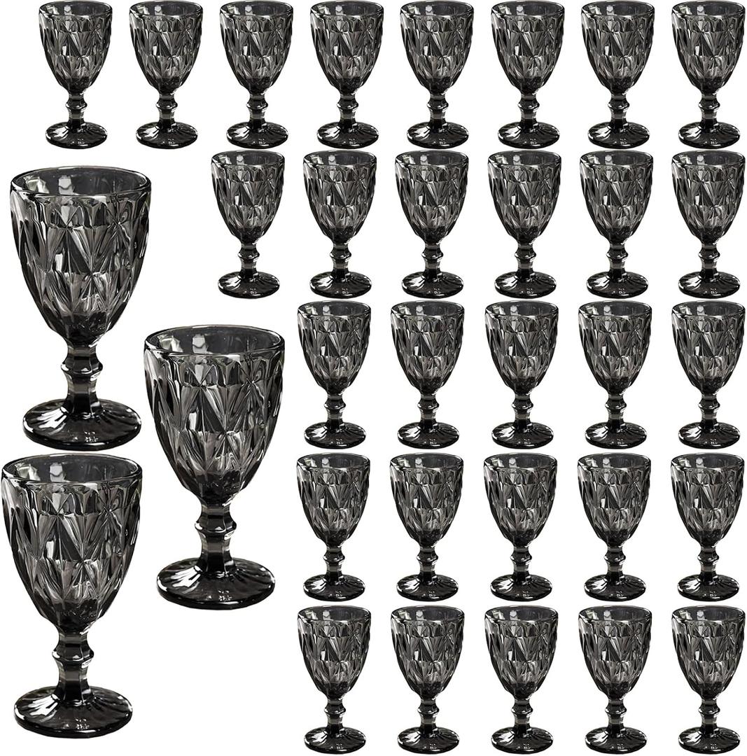 32 Pack Vintage Wine Glasses, Plastic Reusable 12 Ounce Colored Water Goblets, Unique Embossed Pattern Unbreakable Stemmed Wine Glasses, High Clear Wedding Party Bar Drinking Cups Black, 32 Pcs