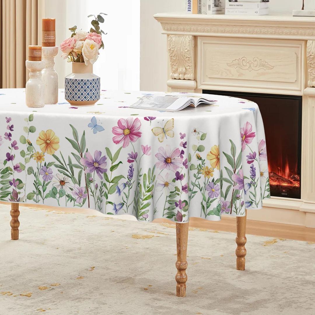 Horaldaily Spring Tablecloth 6084 Inch Oval, Wildflowers Floral Butterfly Washable Seasonal Table Cover for Party Picnic Dinner Decor