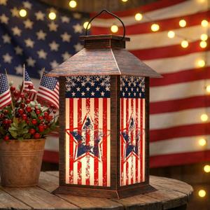 4th of July Solar Lanterns Outdoor Waterproof, American Flag Hanging Lantern with Flickering LED Candle, 13" Patriotic Lanterns Independence Day Decorations for Patio Porch Garden Yard Pathway, 1 Pack